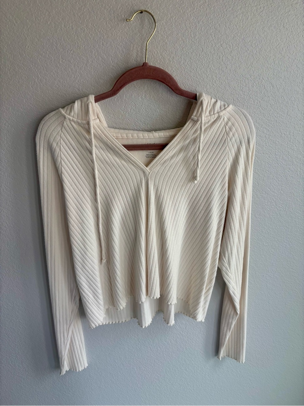 American Eagle Outfitters Cream Ribbed V-Neck Drawstring Hoodie